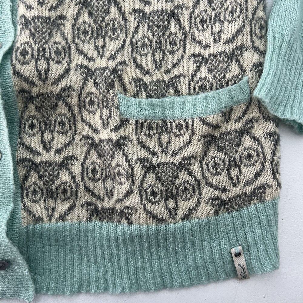 Woolrich Cardigan Sweater Womens Small Blue Owl Mohair Wool Knit Button Pockets - Picture 3 of 9